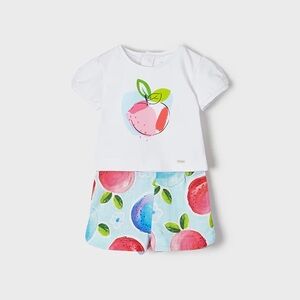 Size 18 months Mayoral White Tee with Pink & Blue Fruit Shorts